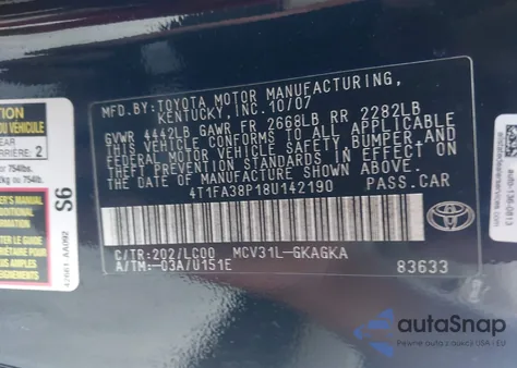 2008 Toyota Camry Solara Sle из США, поврежденный, VIN 4T1FA38P18U142190